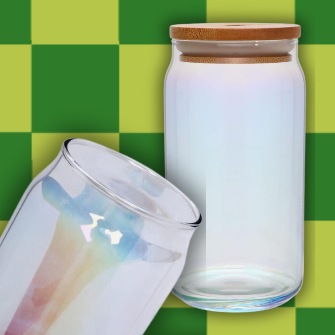 Iridescent 16oz Glass Can with Wooden Lid and Pink Glass Straw - YOUR  CHOICE OF DESIGN
