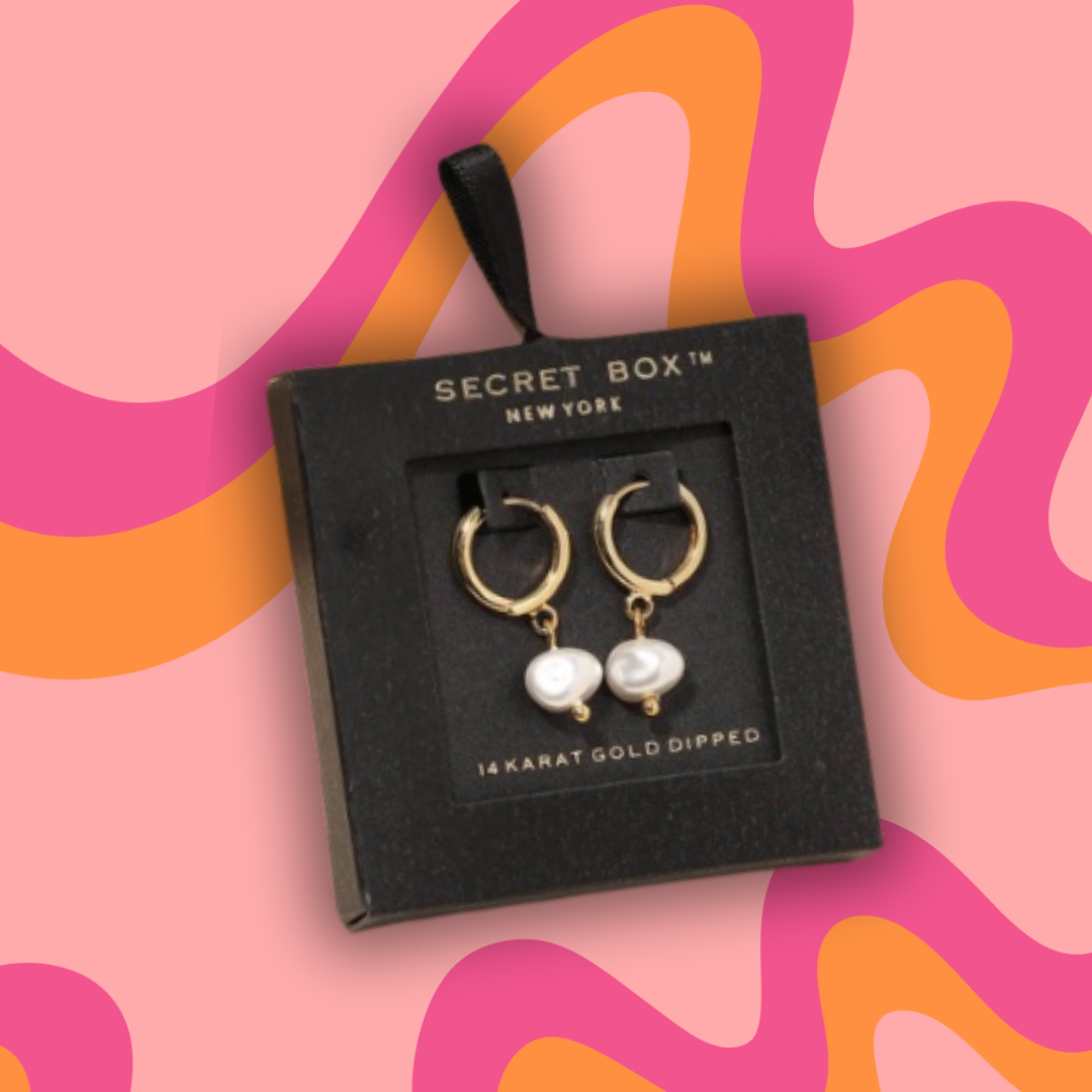 14K Gold Dipped Secret Box Mini Pearl Drop Hoop Earrings