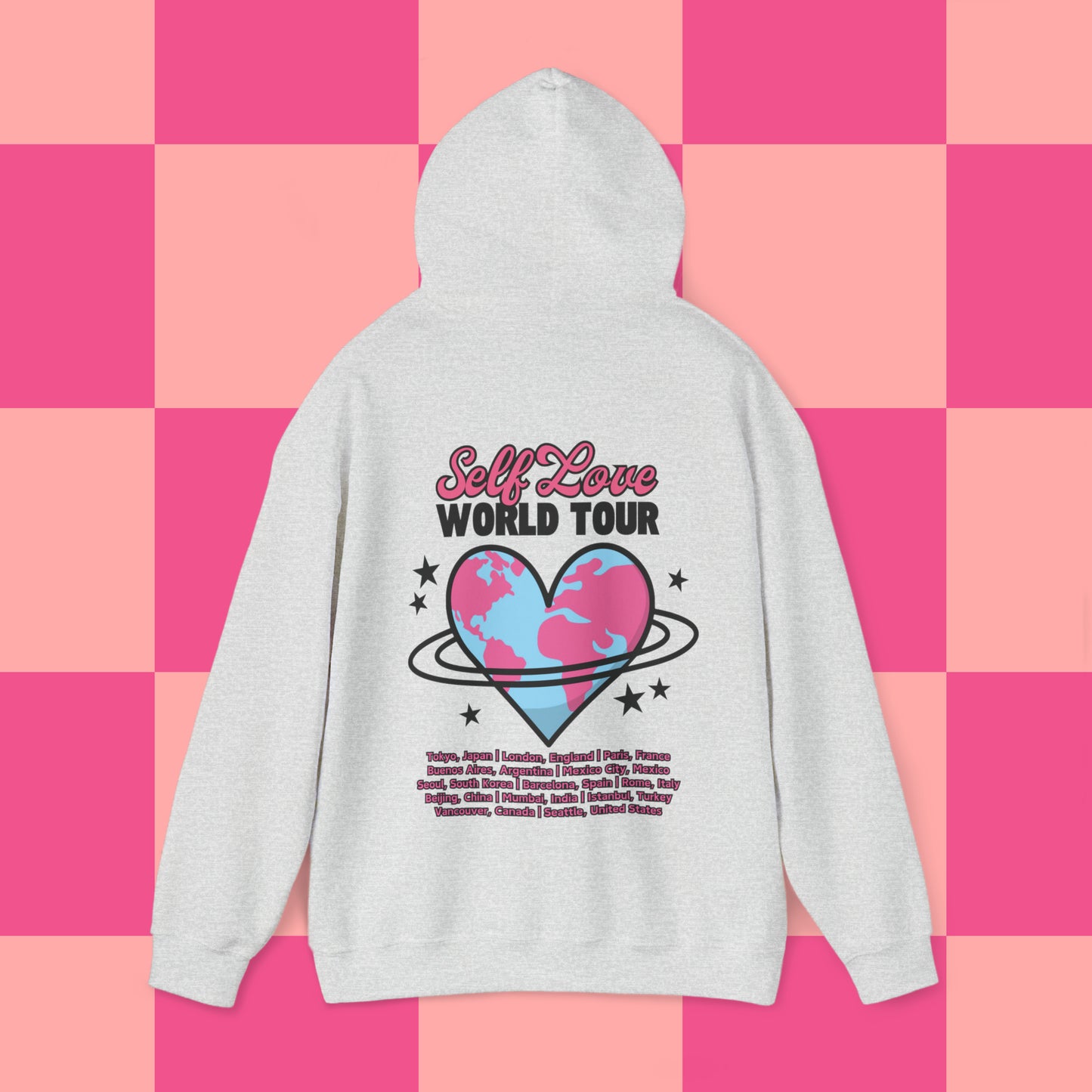 Self Love World Tour Unisex Heavy Blend™ Hooded Hoodie Sweatshirt (with Front and Back Graphics)