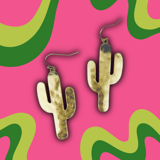Dangly Gold Hammered Cactus Earrings