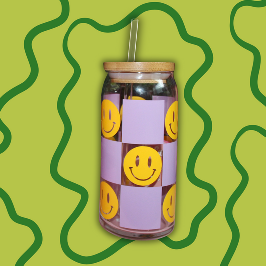 Smiley Checkers (Purple) Beer Can Glass with Bamboo Lid and Glass Straw