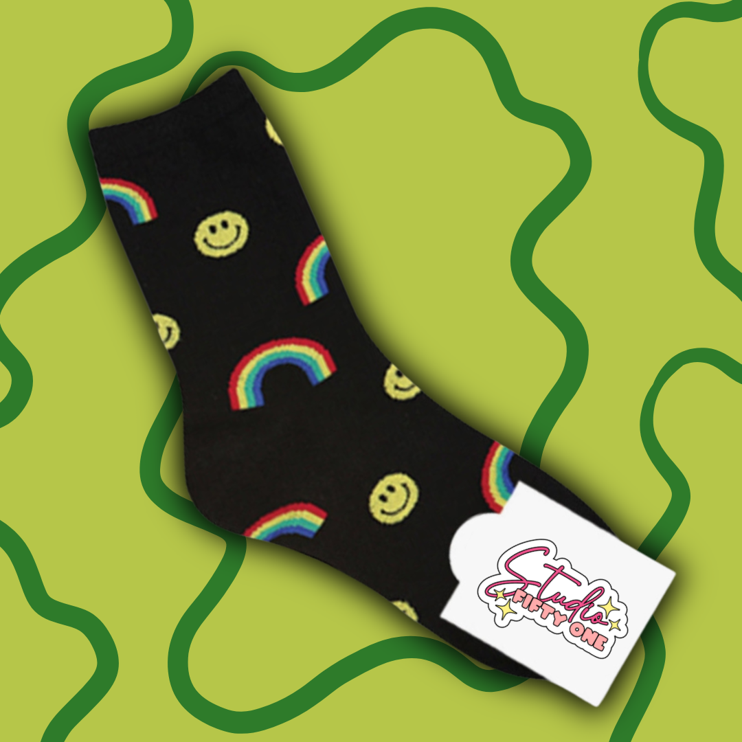 Black Socks with Smiley Faces and Rainbows