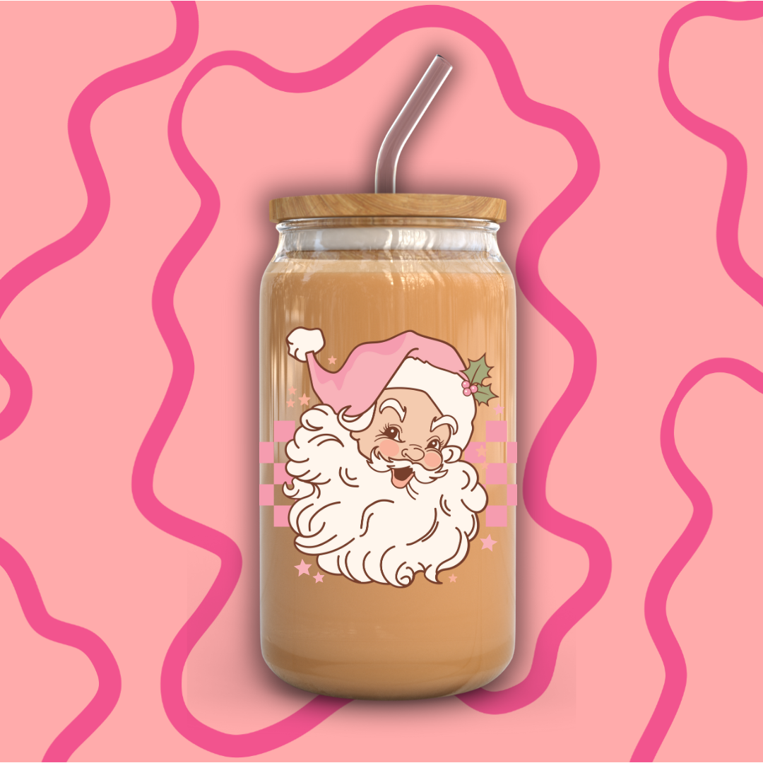 Jolly Pink Santa Beer Can Glass