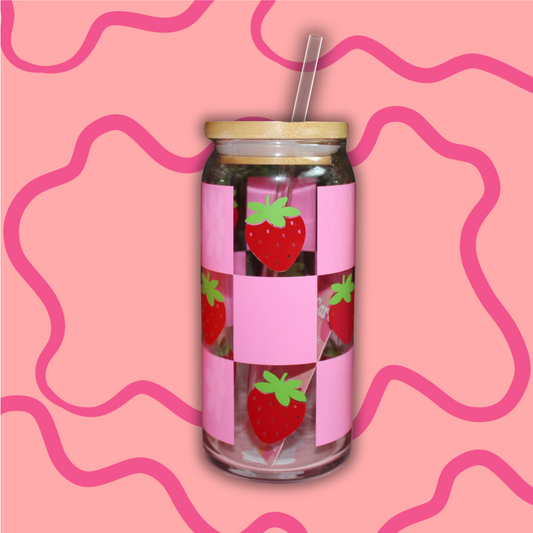 Strawberry Checkers (Pink) Beer Can Glass with Bamboo Lid and Glass Straw