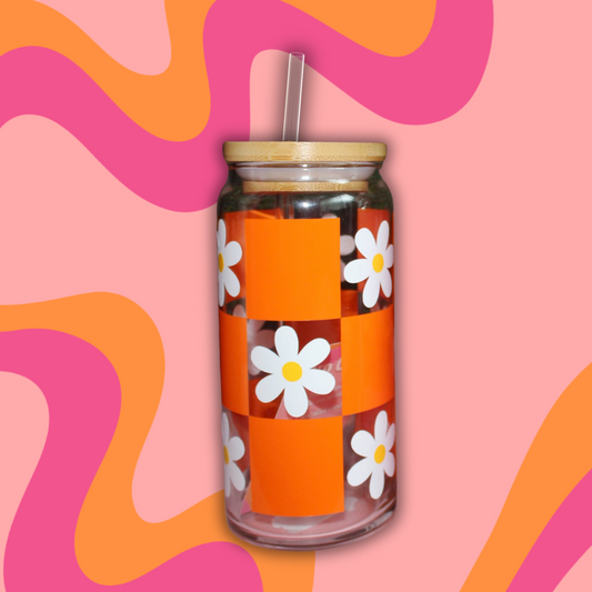 Daisy Checkers (Orange) Beer Can Glass with Bamboo Lid and Glass Straw