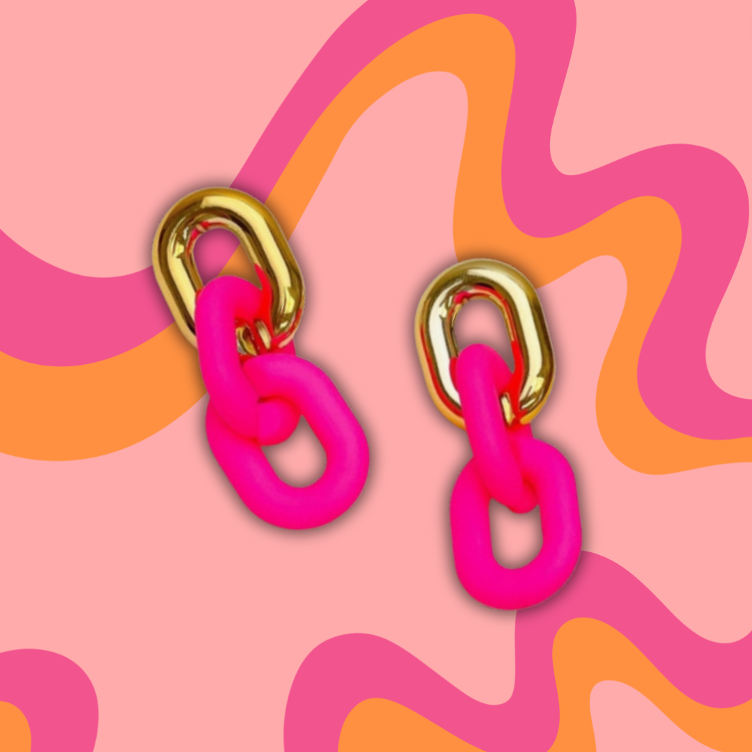 Hot Pink and Gold Chunky Chain Link Earrings