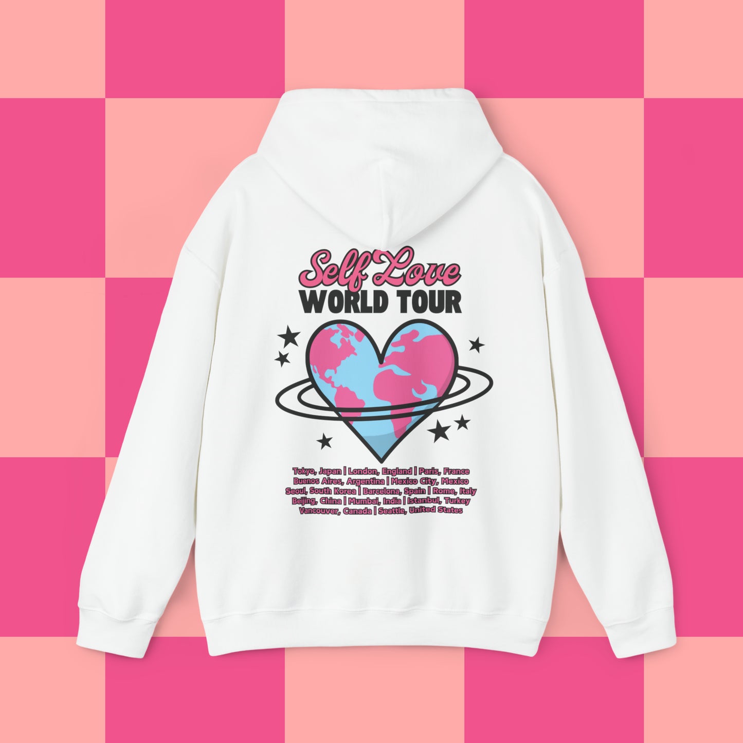 Self Love World Tour Unisex Heavy Blend™ Hooded Hoodie Sweatshirt (with Front and Back Graphics)