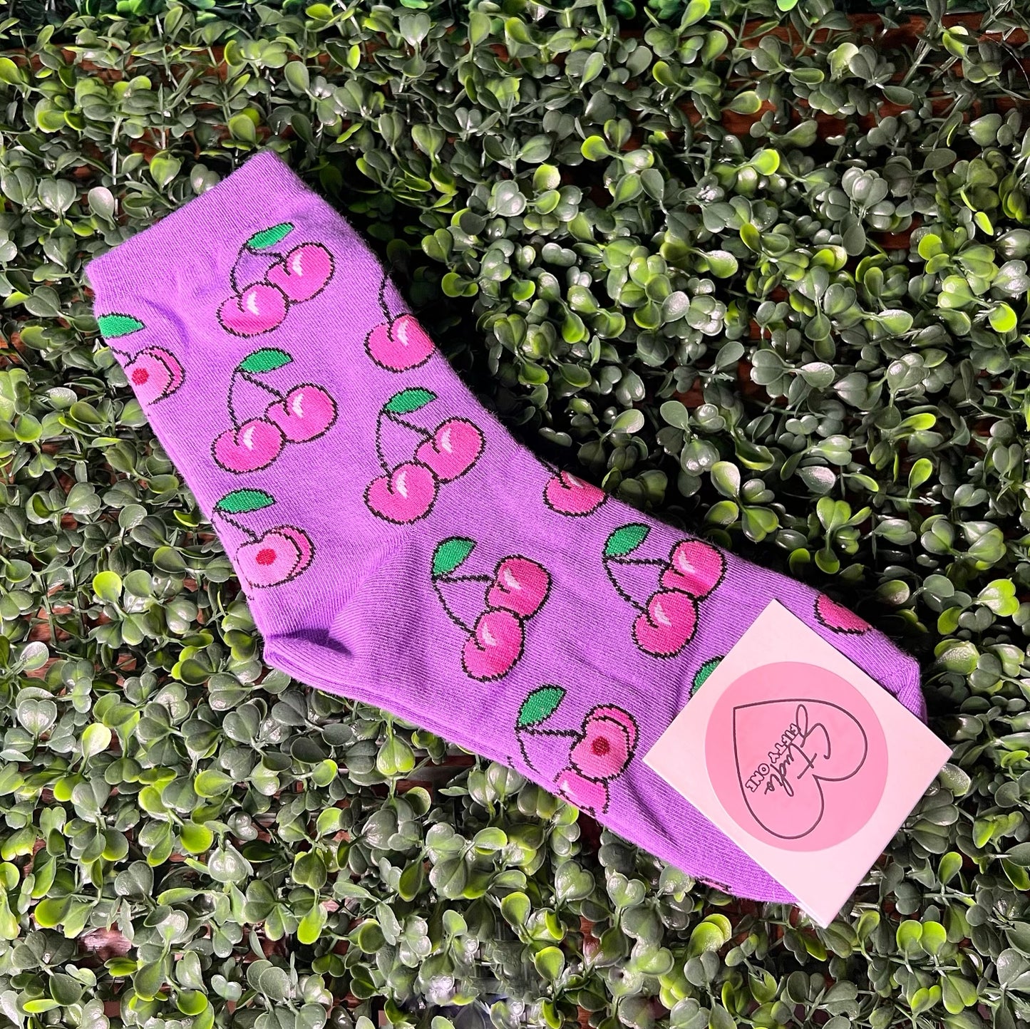 Purple Socks with Pink Cherries