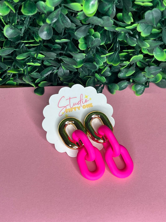 Hot Pink and Gold Chunky Chain Link Earrings