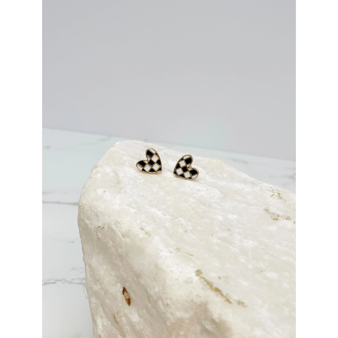 Checkered Heart Enamel Stud Earrings