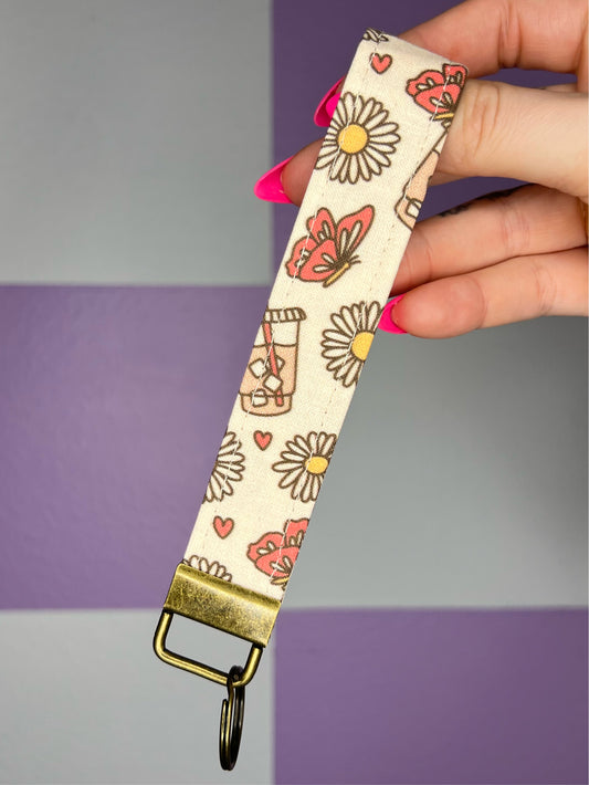 Iced Coffee, Butterflies, and Daisies Wristlet Keychain